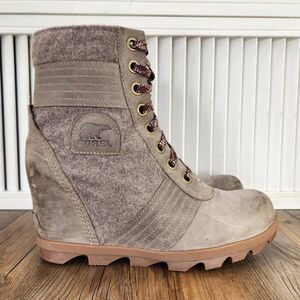 Sorel Lexie Wedge Boots Womens Size 9.5 Gray Leather Felt Waterproof NL3778-297
